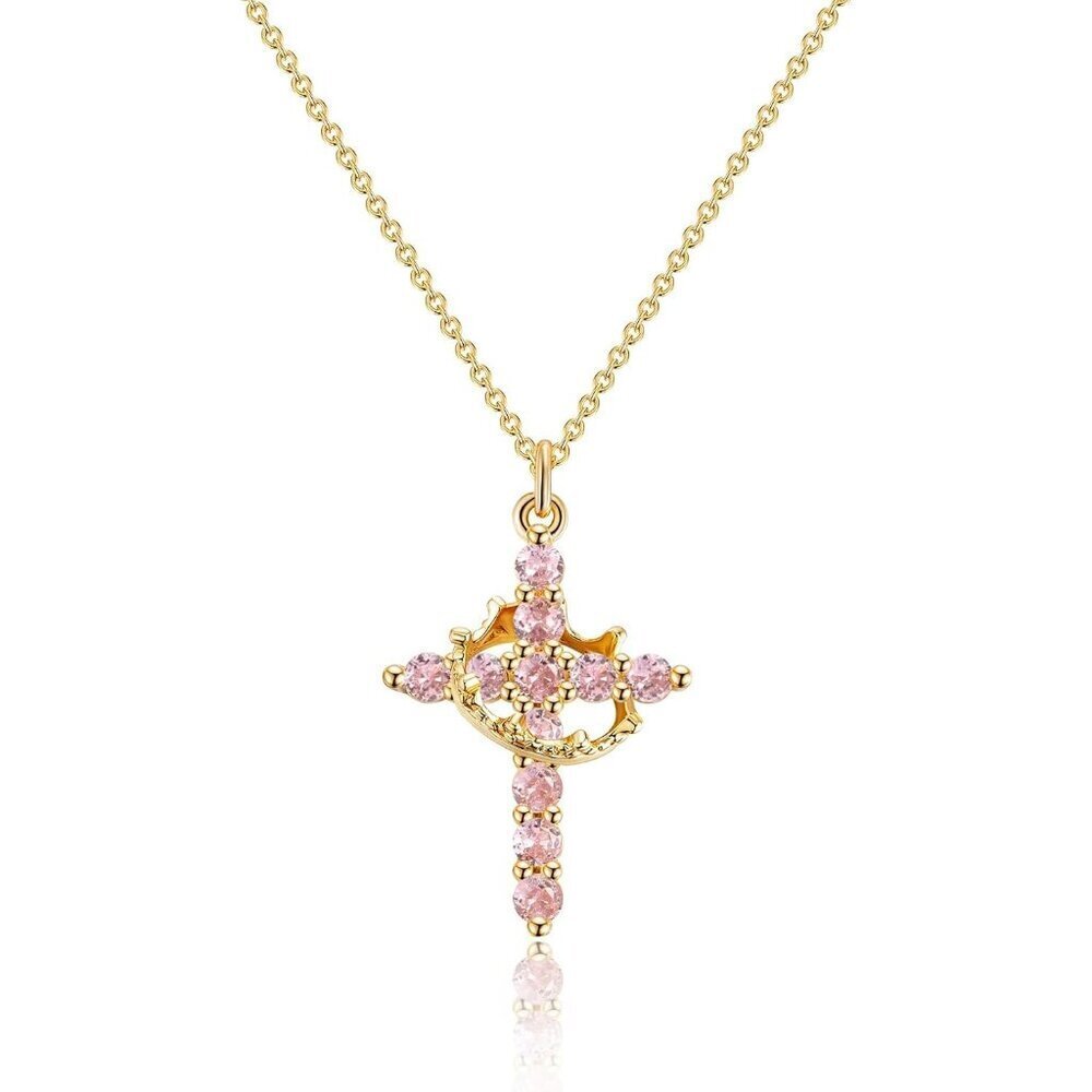 Perfect Gift Women Crown M10 Tourmaline Cross Necklace Gold Plated Faith Jewelry